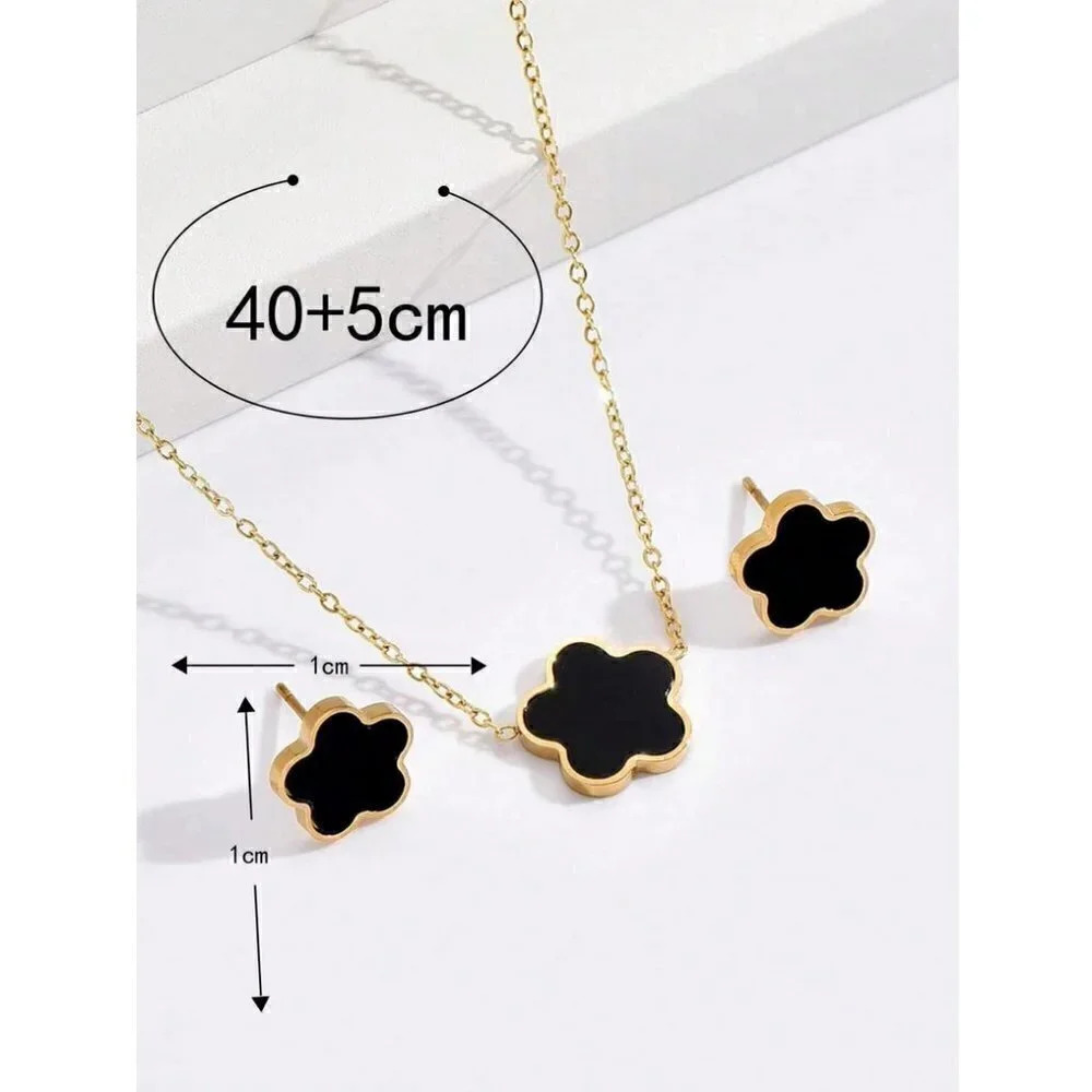 Floral Necklace Earrings Gold Tone Titanium Steel set - black - Picture 2 of 3